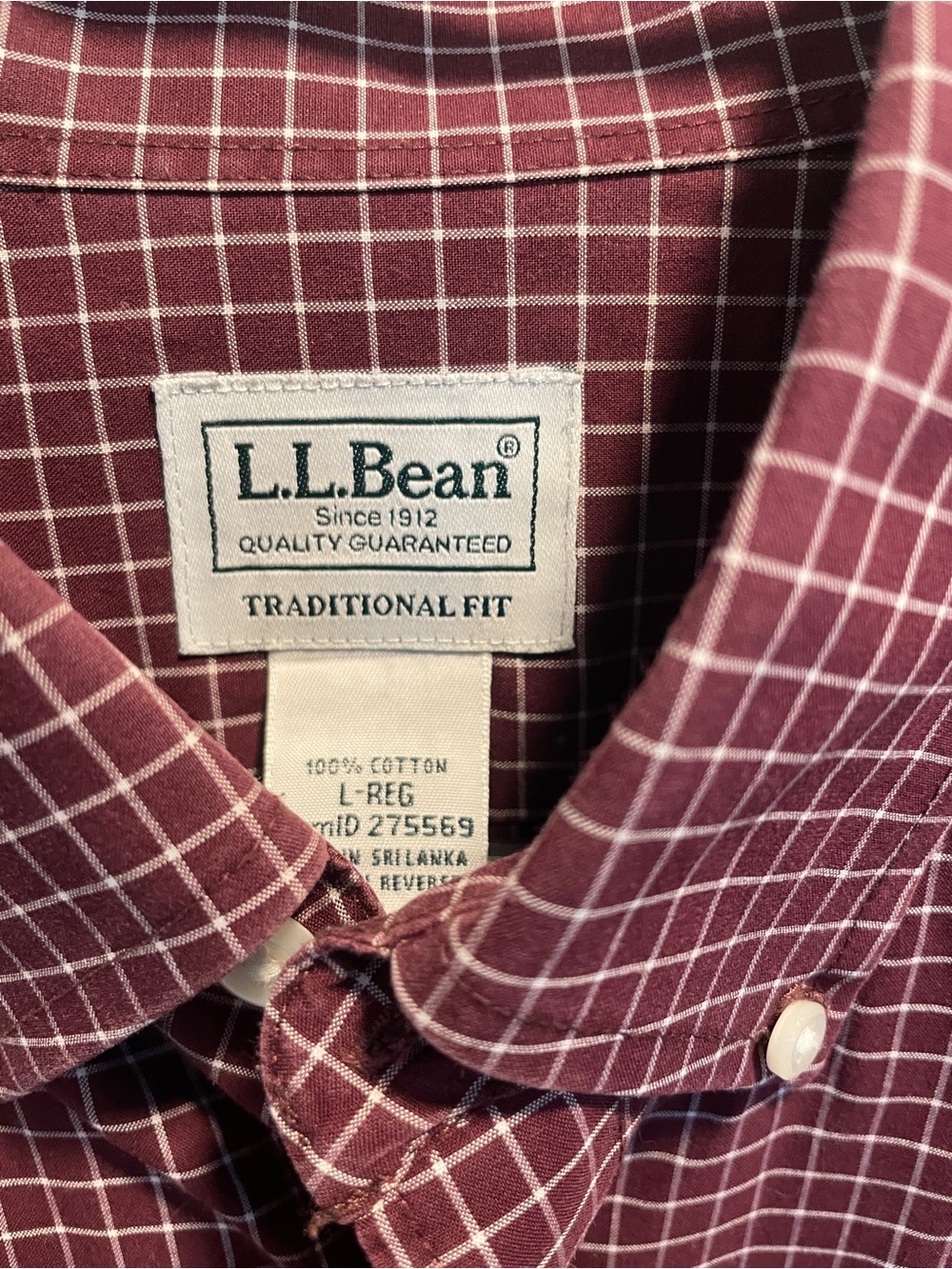 L.L. Bean Men's Burgundy Grid Button-Down Shirt size L - Picture 3 of 5